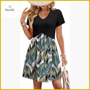 Summer V-Neck Babydoll Dress Casual Loose Fit Mid-Thigh Length